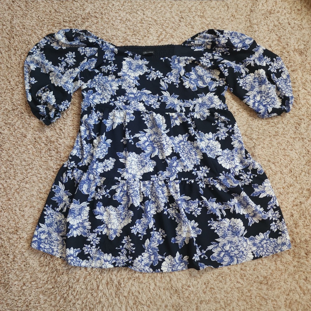 City Chic Tunic Top Women XL/22 Navy Blue Floral Smocked Puff Sleeve Babydoll